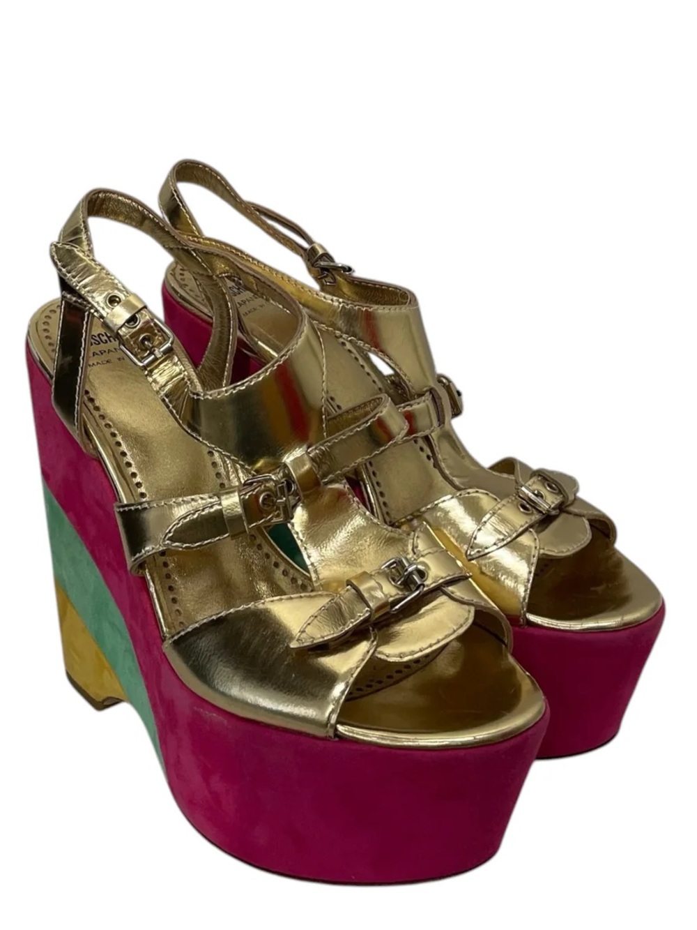 Moschino Gold Leather Platform Wedges with Pink & Green Block Heel